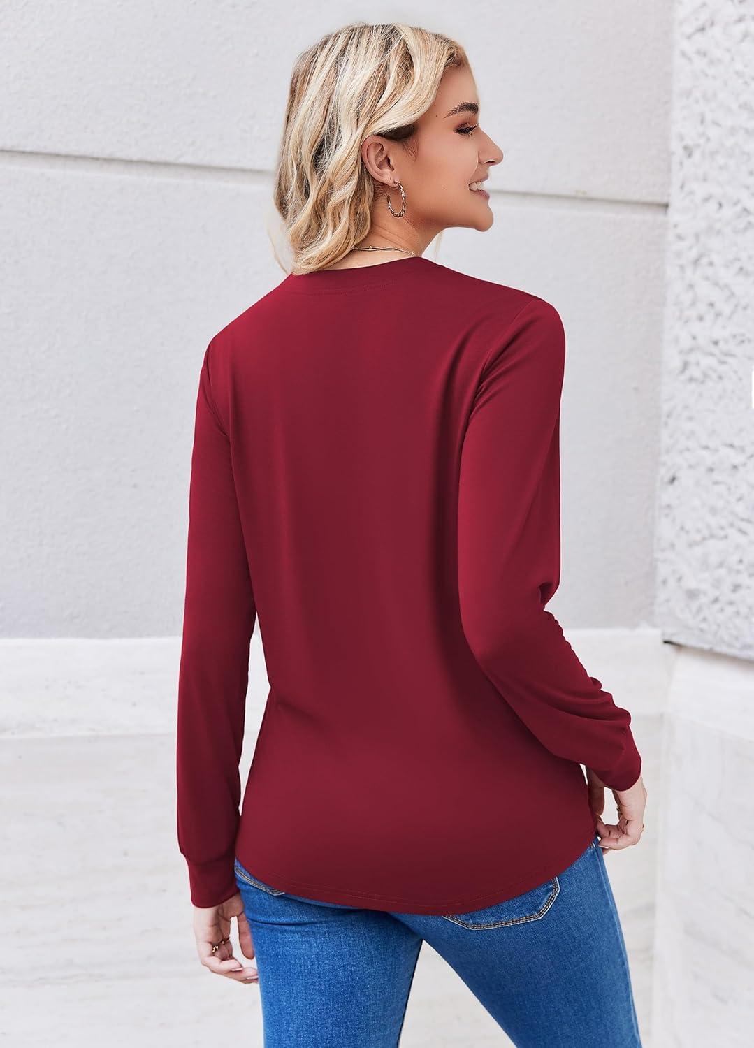 imageZEAGOO Womens Spring Tops Henley V Neck Shirts Long Sleeve Pleated Blouses Dressy Casual Tunic 2026 Basic TeesRed