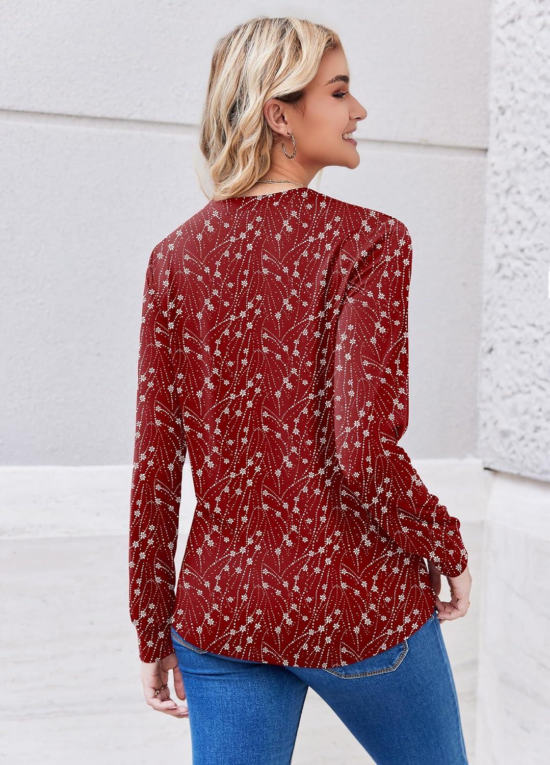 imageZEAGOO Womens Spring Tops Henley V Neck Shirts Long Sleeve Pleated Blouses Dressy Casual Tunic 2026 Basic TeesRed White