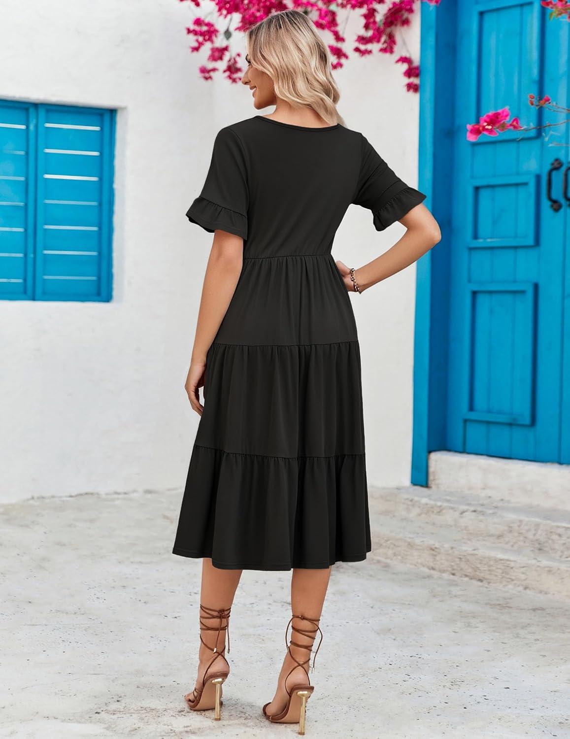 imageZEAGOO Womens Summer Dresses Midi Tiered Casual Dress Floral V Neck Ruffle Short Sleeve Flowy Beach Dress with PocketsBlack