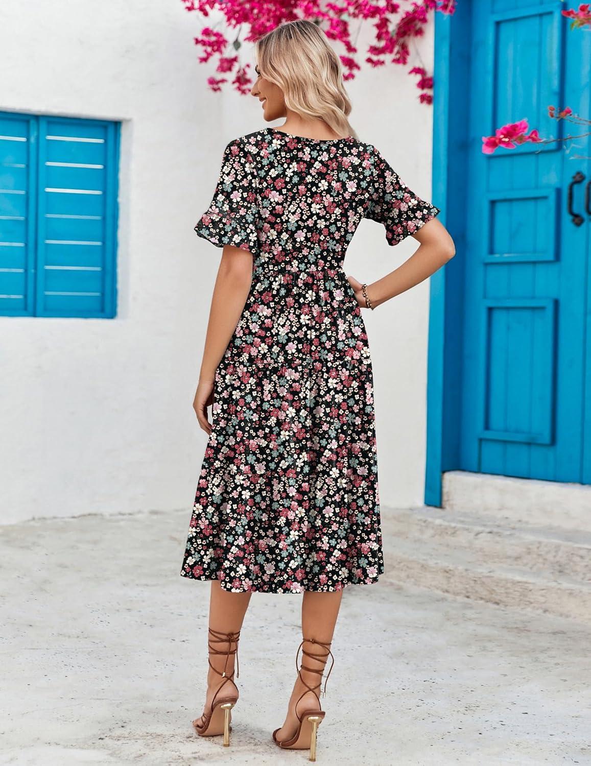 imageZEAGOO Womens Summer Dresses Midi Tiered Casual Dress Floral V Neck Ruffle Short Sleeve Flowy Beach Dress with PocketsBlack Pink Floral