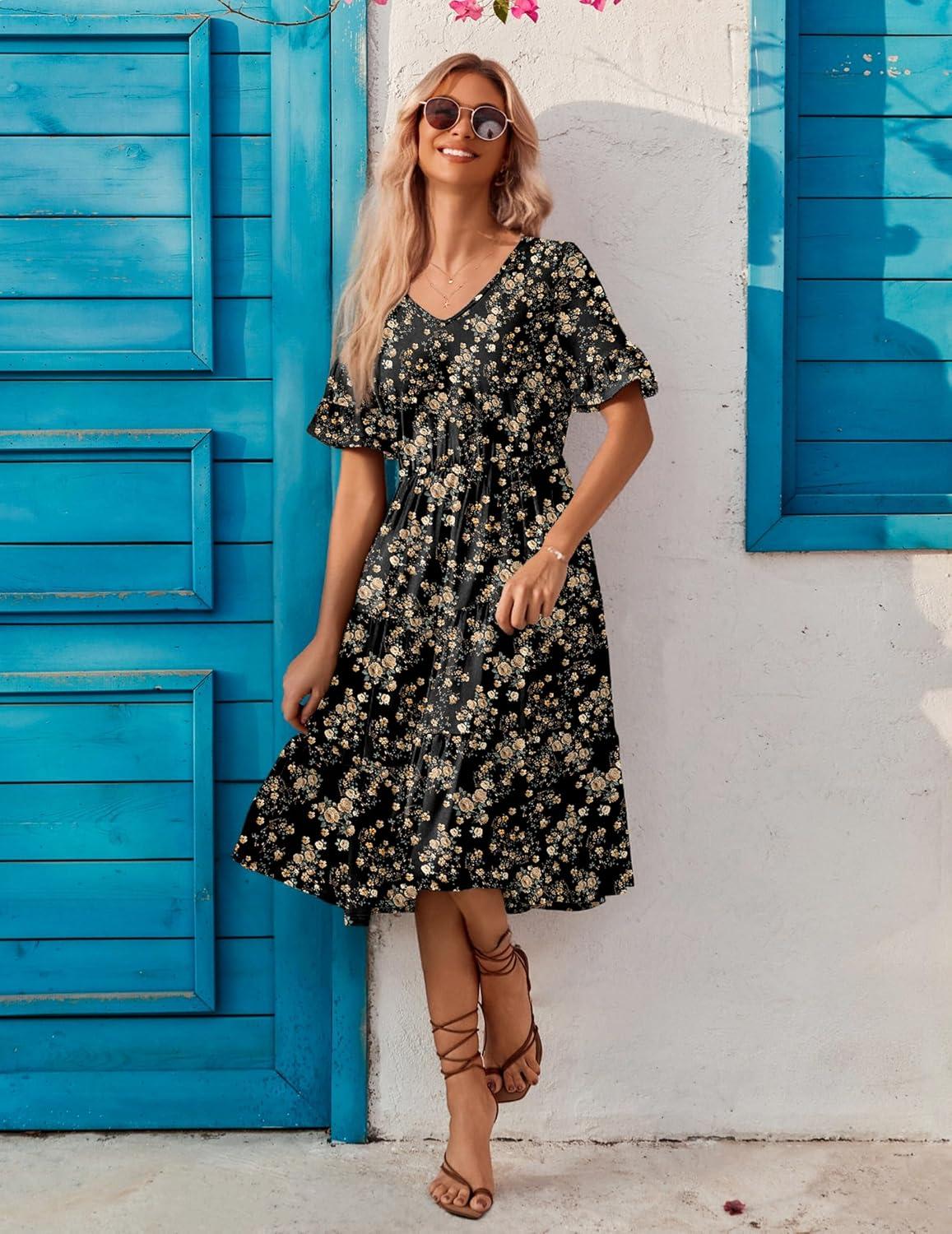 imageZEAGOO Womens Summer Dresses Midi Tiered Casual Dress Floral V Neck Ruffle Short Sleeve Flowy Beach Dress with PocketsBlack Yellow Floral
