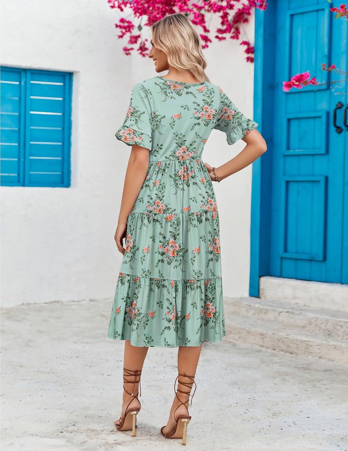 imageZEAGOO Womens Summer Dresses Midi Tiered Casual Dress Floral V Neck Ruffle Short Sleeve Flowy Beach Dress with PocketsBlue Floral