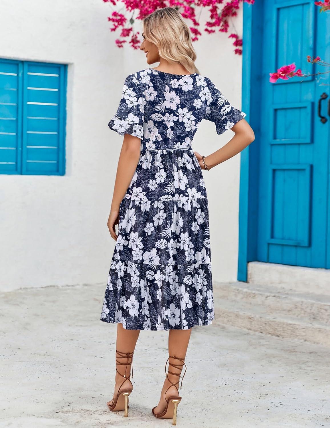imageZEAGOO Womens Summer Dresses Midi Tiered Casual Dress Floral V Neck Ruffle Short Sleeve Flowy Beach Dress with PocketsBlue White Floral