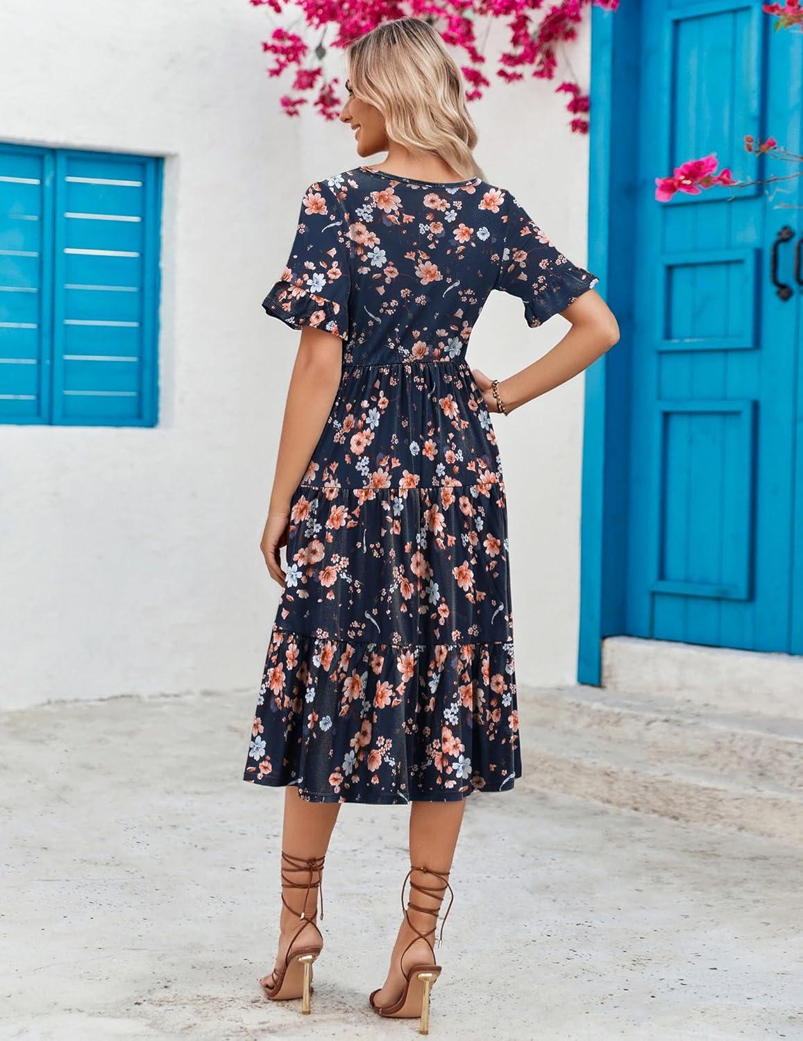 imageZEAGOO Womens Summer Dresses Midi Tiered Casual Dress Floral V Neck Ruffle Short Sleeve Flowy Beach Dress with PocketsNavy Blue Floral