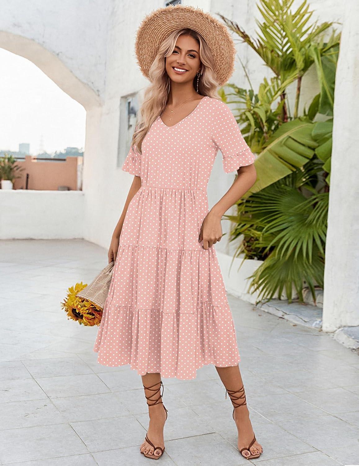 imageZEAGOO Womens Summer Dresses Midi Tiered Casual Dress Floral V Neck Ruffle Short Sleeve Flowy Beach Dress with PocketsPink Round Dot