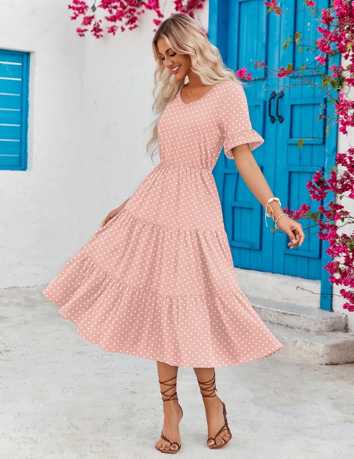 imageZEAGOO Womens Summer Dresses Midi Tiered Casual Dress Floral V Neck Ruffle Short Sleeve Flowy Beach Dress with PocketsPink Round Dot