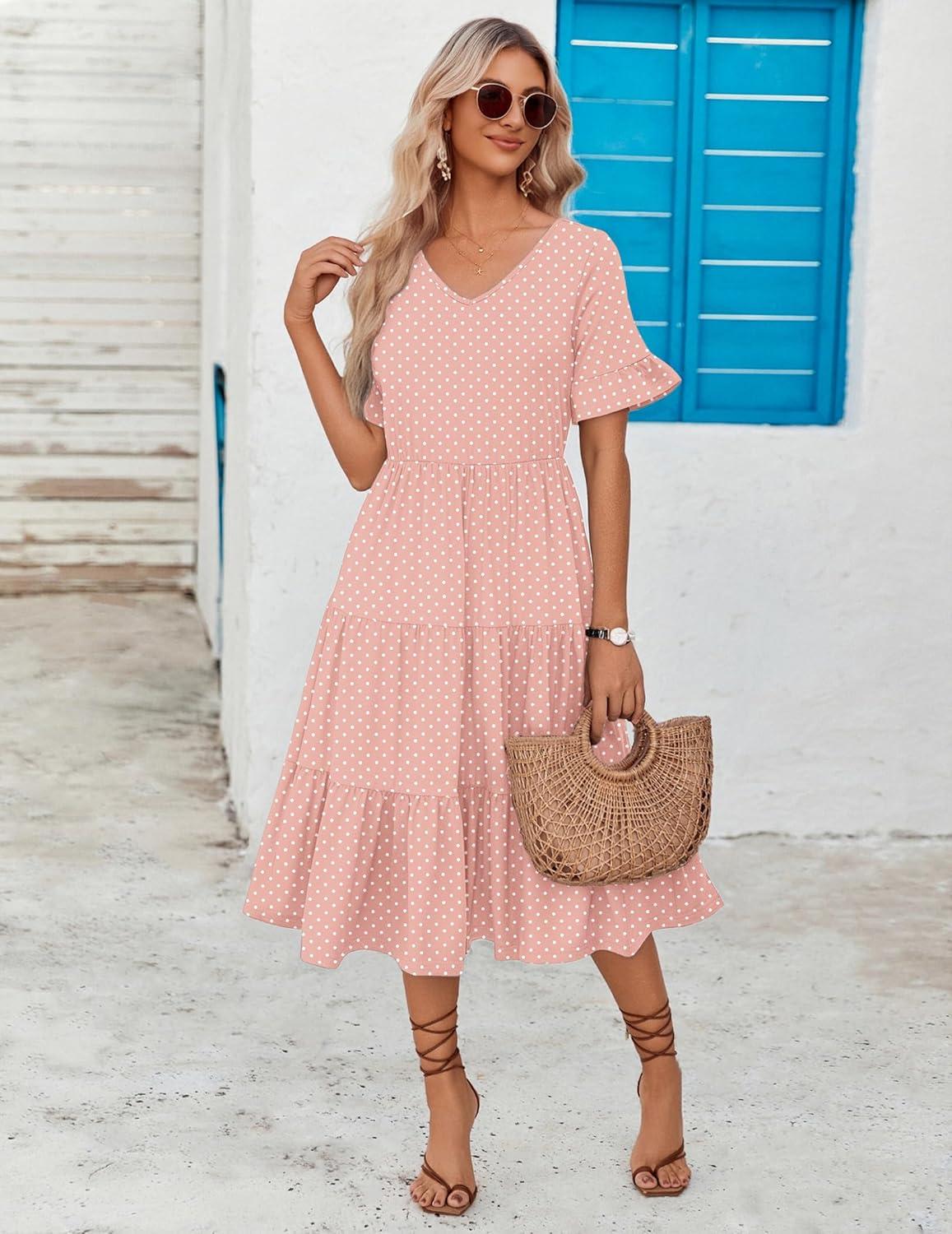 imageZEAGOO Womens Summer Dresses Midi Tiered Casual Dress Floral V Neck Ruffle Short Sleeve Flowy Beach Dress with PocketsPink Round Dot