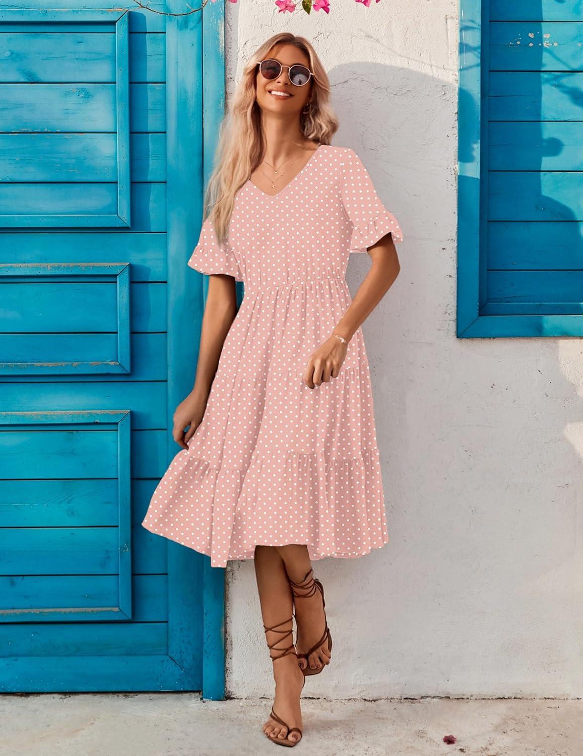 imageZEAGOO Womens Summer Dresses Midi Tiered Casual Dress Floral V Neck Ruffle Short Sleeve Flowy Beach Dress with PocketsPink Round Dot