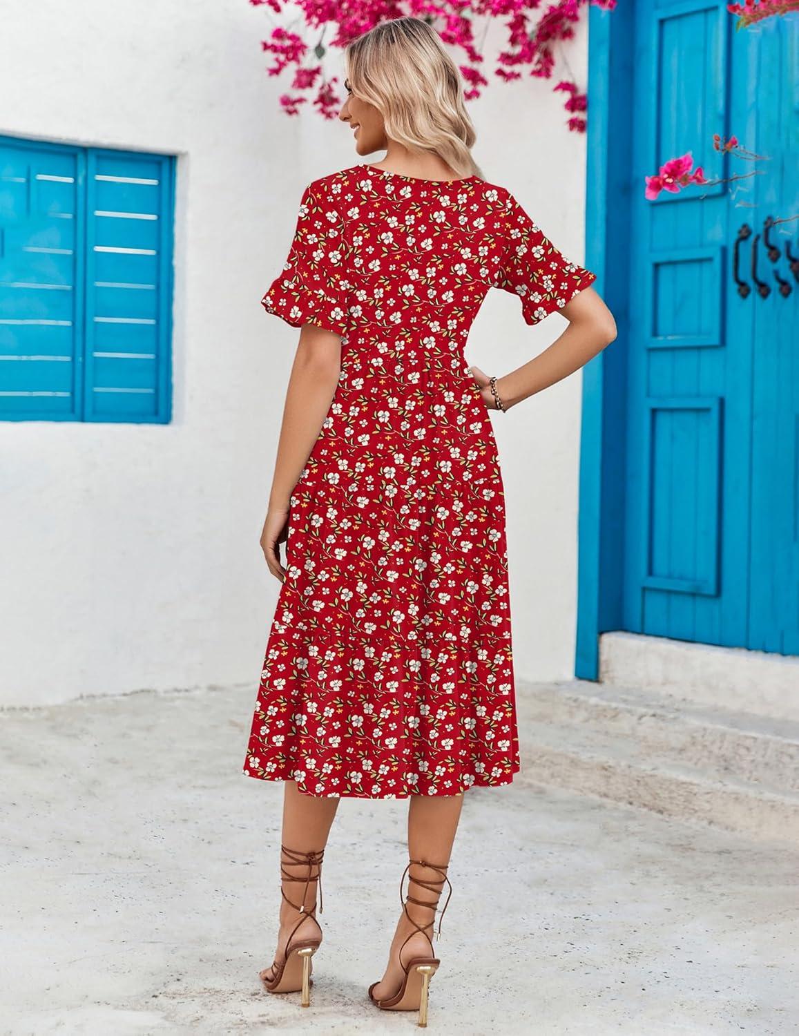 imageZEAGOO Womens Summer Dresses Midi Tiered Casual Dress Floral V Neck Ruffle Short Sleeve Flowy Beach Dress with PocketsRed Floral