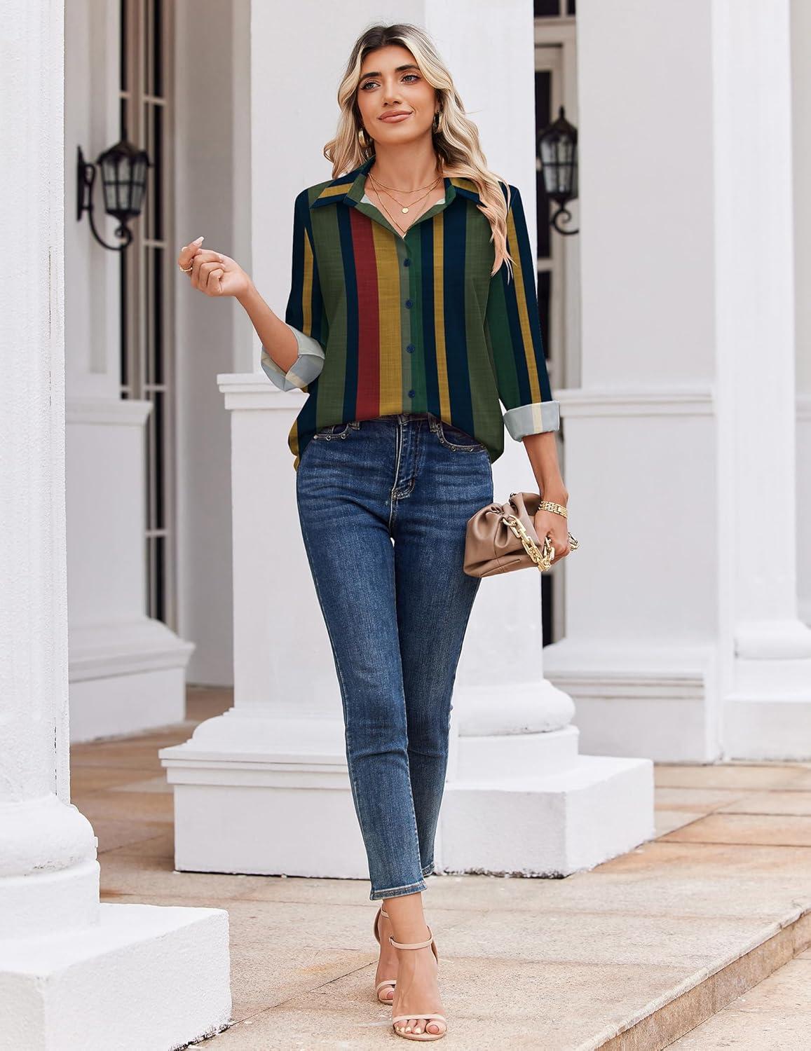 imageZeagoo Blouse for Women Dressy Long Sleeve Button Down Shirts Business Casual Outfit Lightweight SolidPrinted TopsStripes Multicolor 275