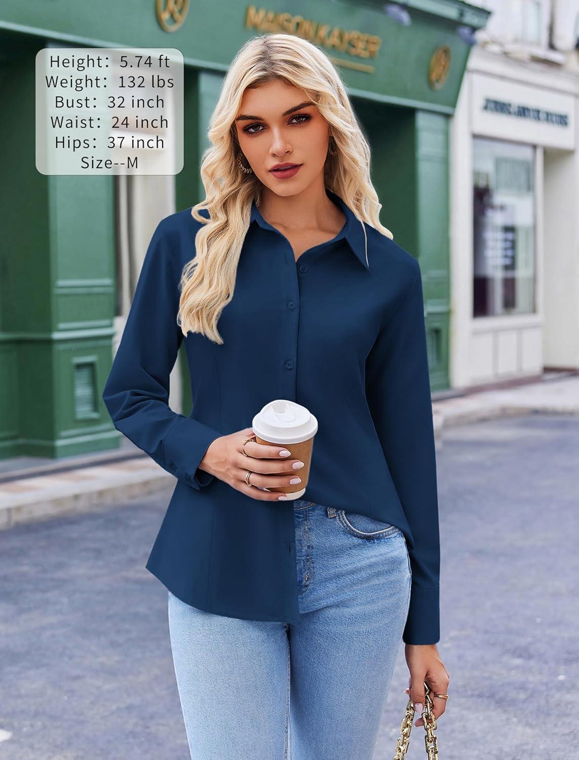 imageZeagoo Button Down Shirts for Women Wrinkle Free Long Sleeve Collared Dress Blouses Casual Work Office Tunics TopsNavy Blue