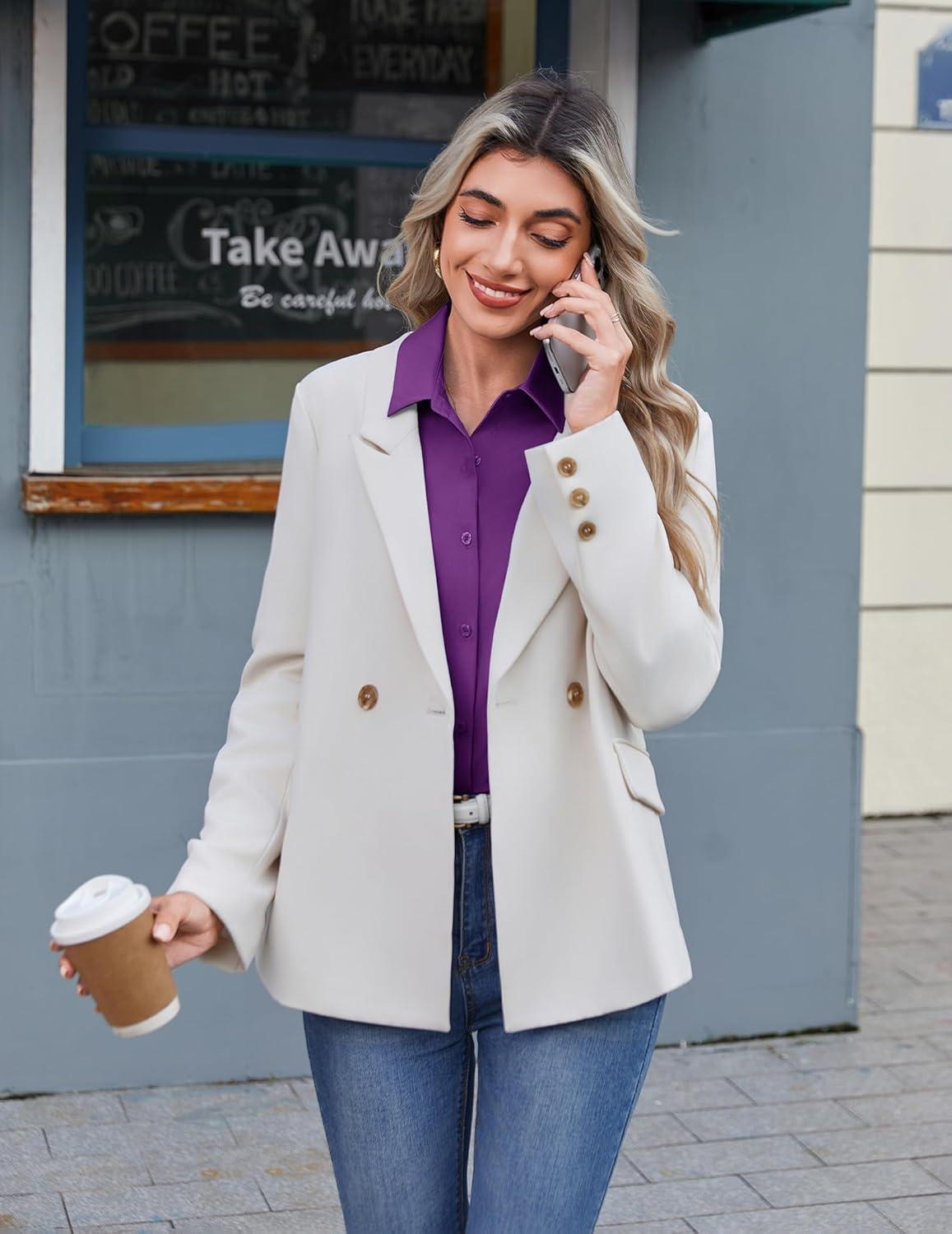 imageZeagoo Button Down Shirts for Women Wrinkle Free Long Sleeve Collared Dress Blouses Casual Work Office Tunics TopsPurple