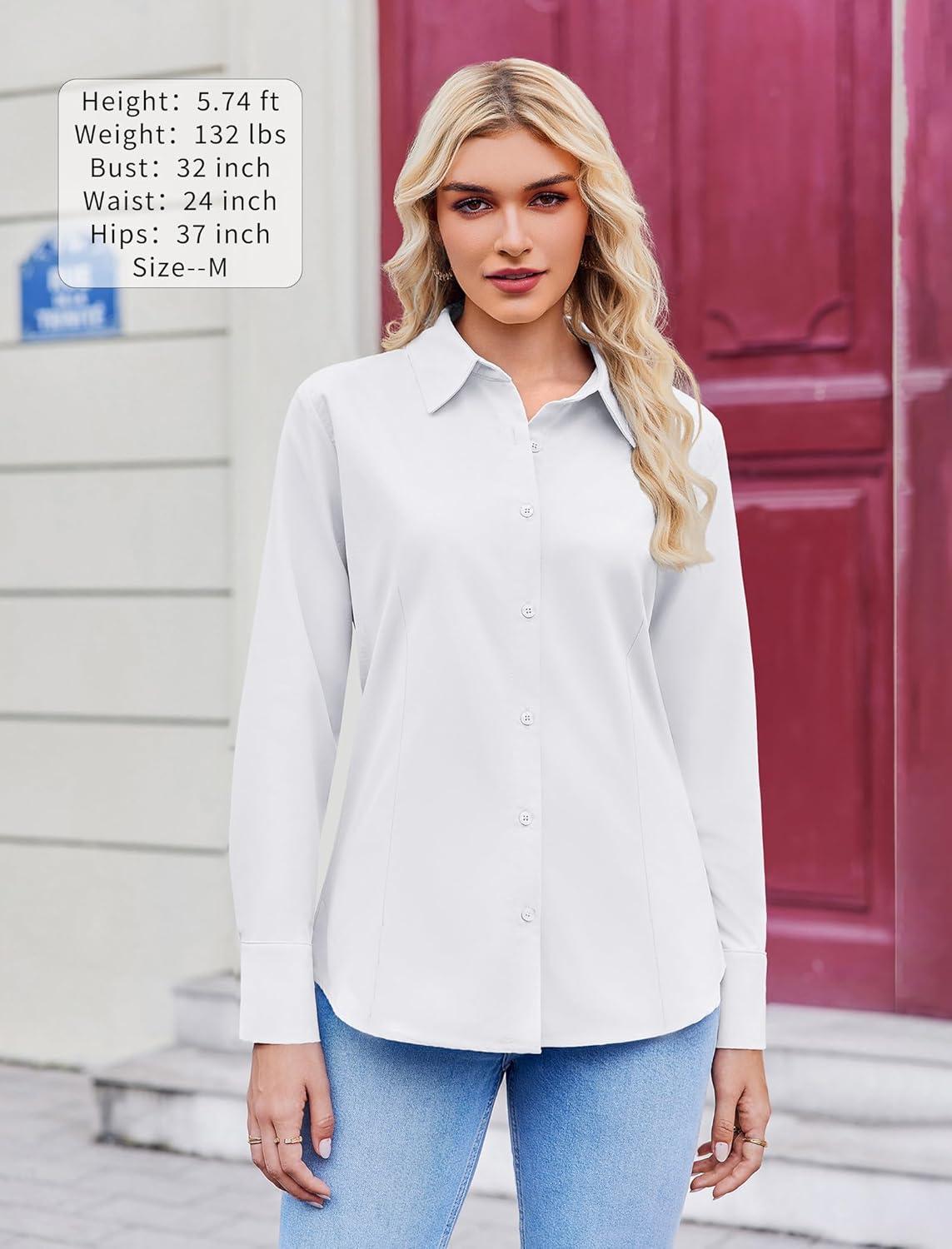 imageZeagoo Button Down Shirts for Women Wrinkle Free Long Sleeve Collared Dress Blouses Casual Work Office Tunics TopsWhite