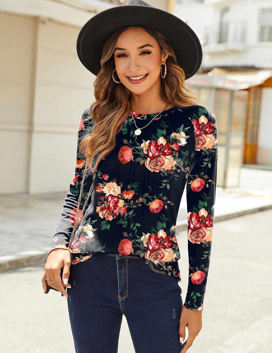 imageZeagoo Fall Tops for Women Long Sleeve Shirts Casual Cotton Blouses 2025 Dressy Pleated TunicsBlack Floral