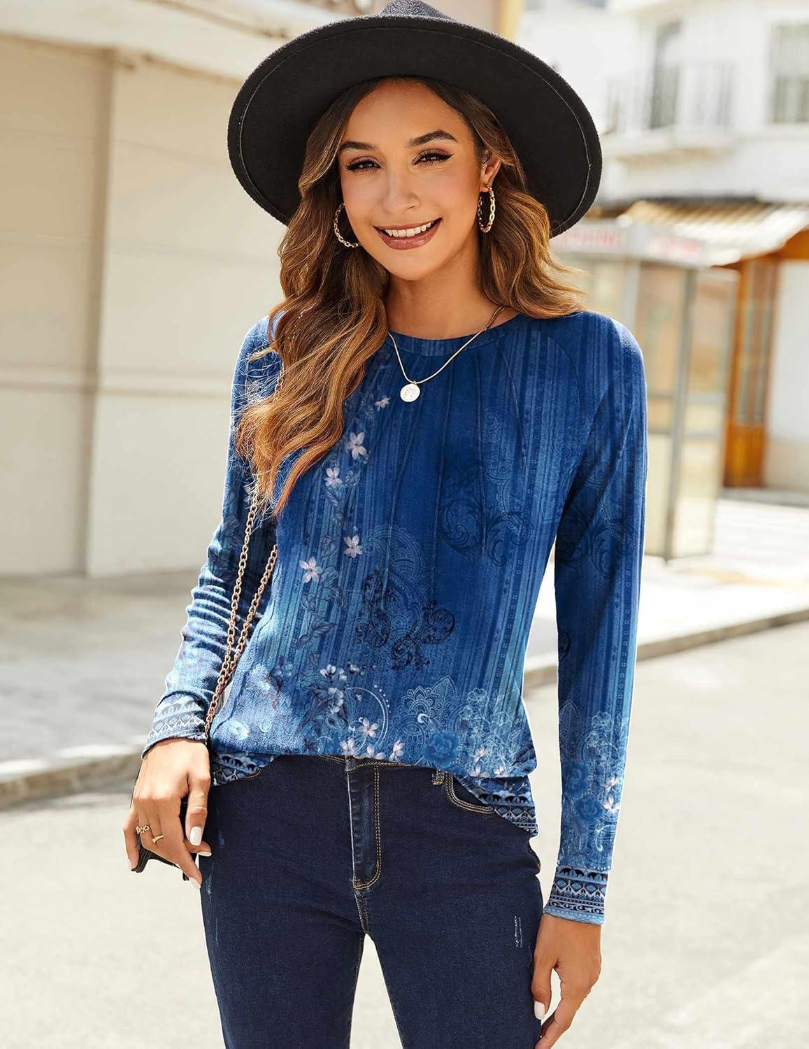 imageZeagoo Fall Tops for Women Long Sleeve Shirts Casual Cotton Blouses 2025 Dressy Pleated TunicsBlue Floral