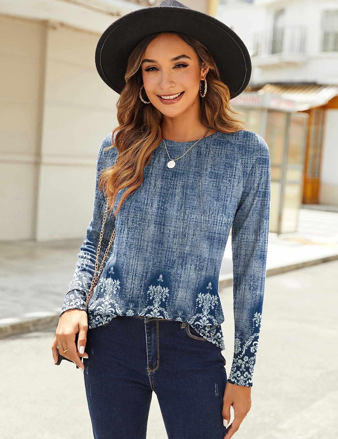 imageZeagoo Fall Tops for Women Long Sleeve Shirts Casual Cotton Blouses 2025 Dressy Pleated TunicsChic Print 02