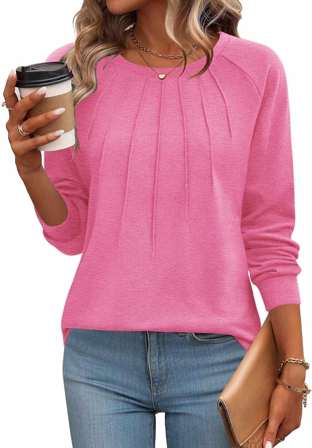imageZeagoo Fall Tops for Women Long Sleeve Shirts Casual Cotton Blouses 2025 Dressy Pleated TunicsRose Pink