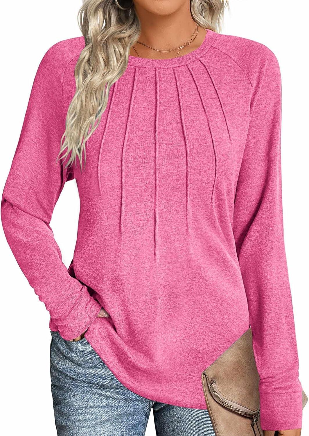 imageZeagoo Fall Tops for Women Long Sleeve Shirts Casual Cotton Blouses 2025 Dressy Pleated TunicsRose Pink