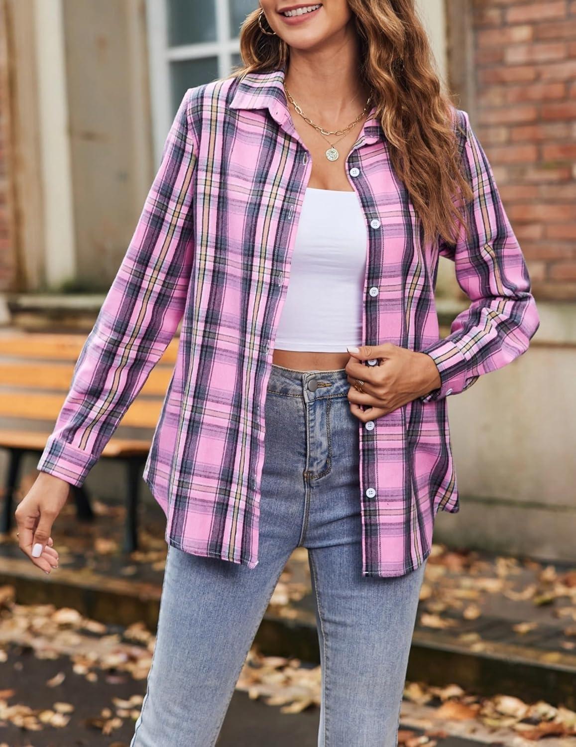 imageZeagoo Flannel Shirt Women Button Down Long Sleeve Plaid Shirts Collared Casual Work Tops S2XLGw448