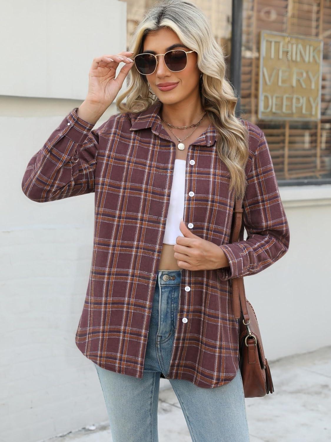 imageZeagoo Flannel Shirt Women Button Down Long Sleeve Plaid Shirts Collared Casual Work Tops S2XLGz935