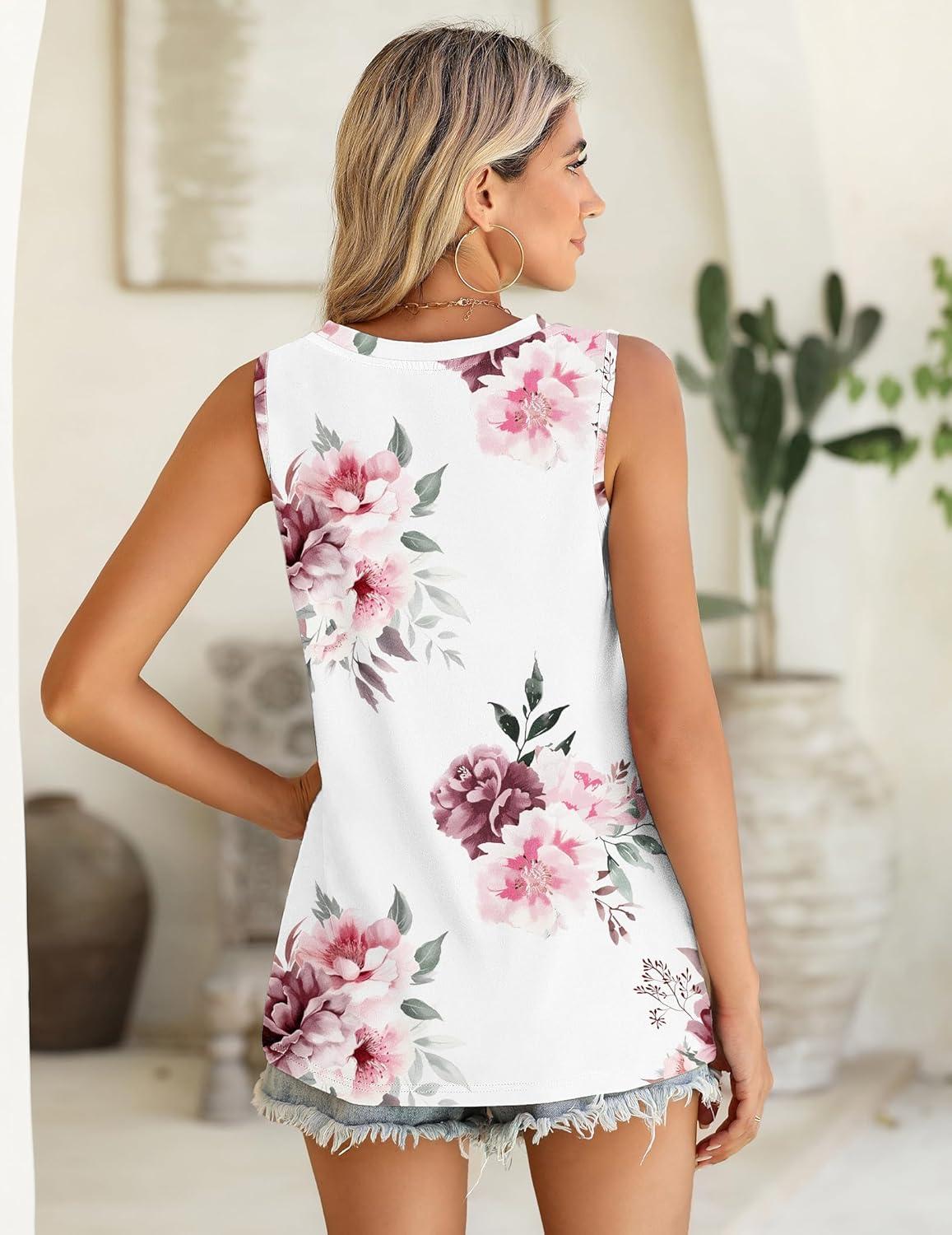 imageZeagoo Summer Tank Top for Women 2026 Pleated High Neck Tops Loose Fit Flowy Dressy Tunic Sleeveless ShirtsDfloral White