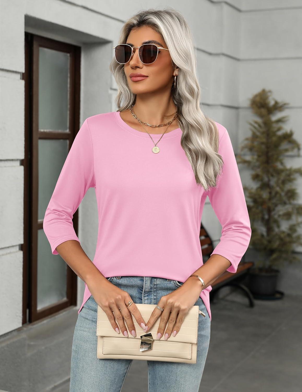 imageZeagoo Tops for Women 3 Pack 34 Sleeve Crewneck Cute Basics Tees Casual Fashion Spring Summer T Shirts Business Work Tee TopBlackpinkgrey