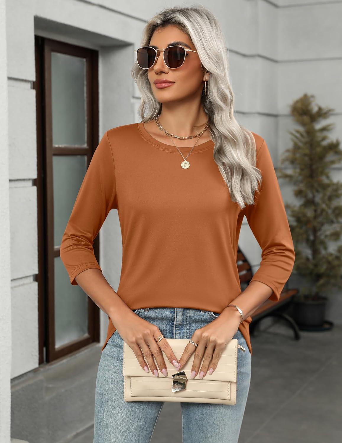imageZeagoo Tops for Women 3 Pack 34 Sleeve Crewneck Cute Basics Tees Casual Fashion Spring Summer T Shirts Business Work Tee TopBlackredorange