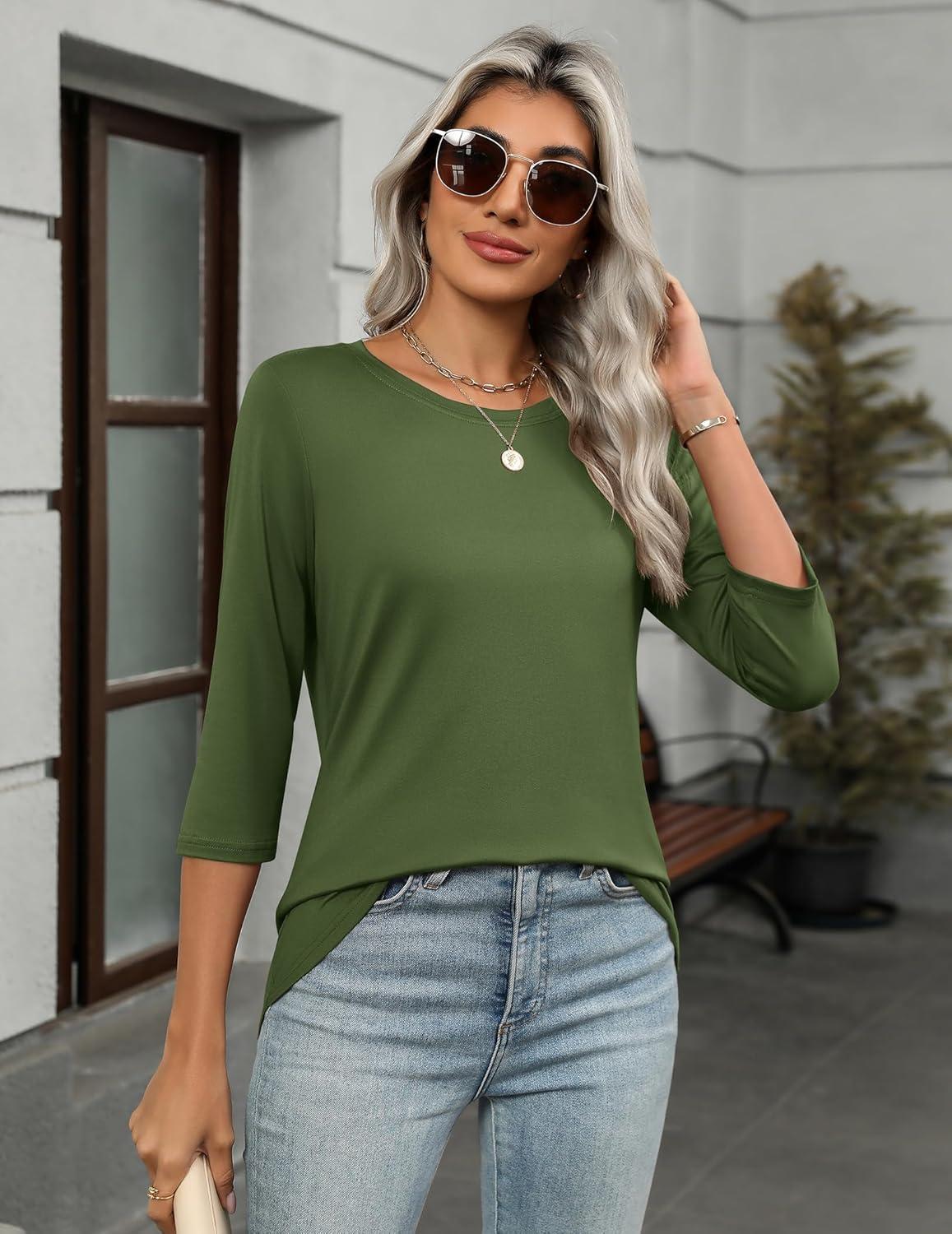 imageZeagoo Tops for Women 3 Pack 34 Sleeve Crewneck Cute Basics Tees Casual Fashion Spring Summer T Shirts Business Work Tee TopBlackwhitearmy Green