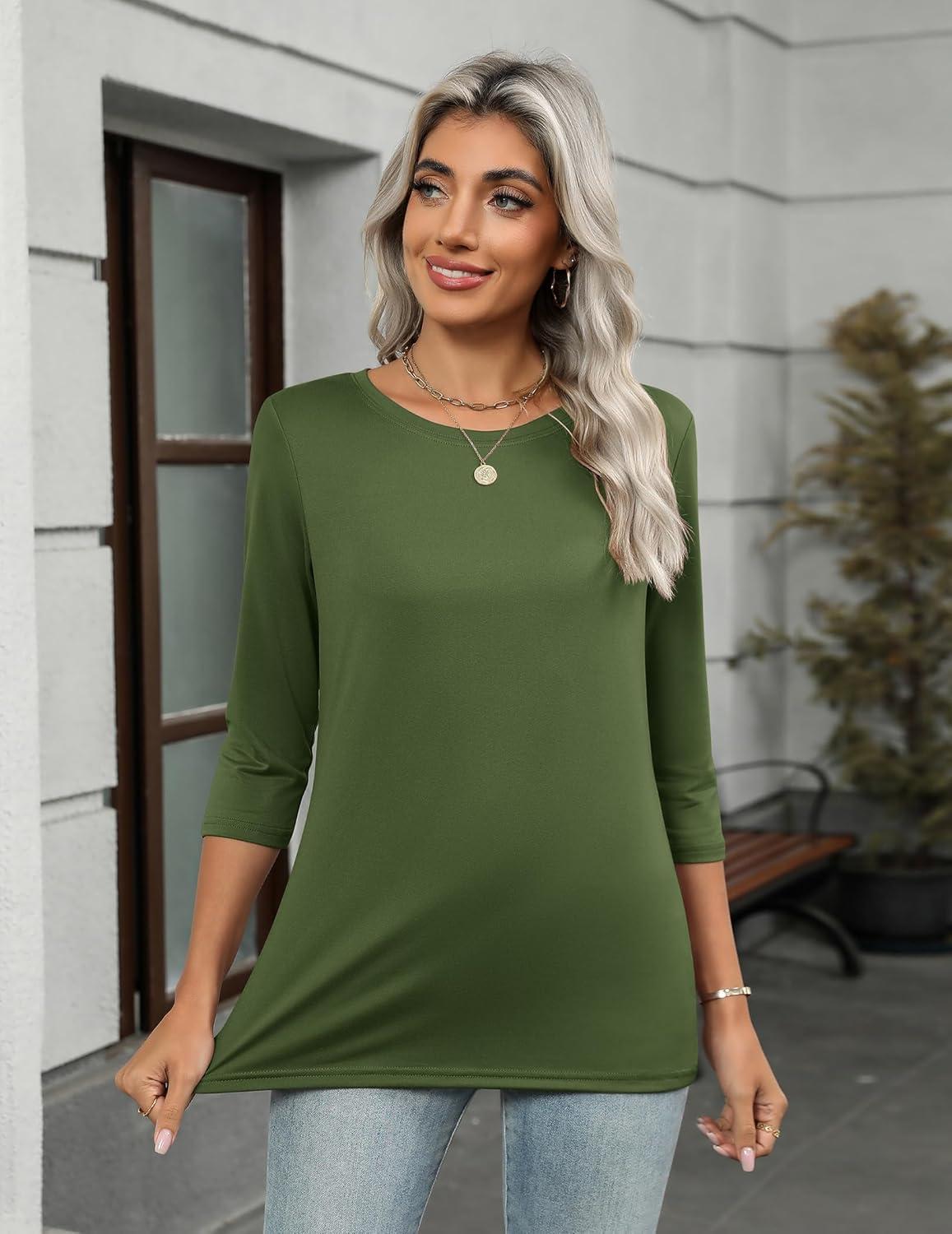 imageZeagoo Tops for Women 3 Pack 34 Sleeve Crewneck Cute Basics Tees Casual Fashion Spring Summer T Shirts Business Work Tee TopBlackwhitearmy Green