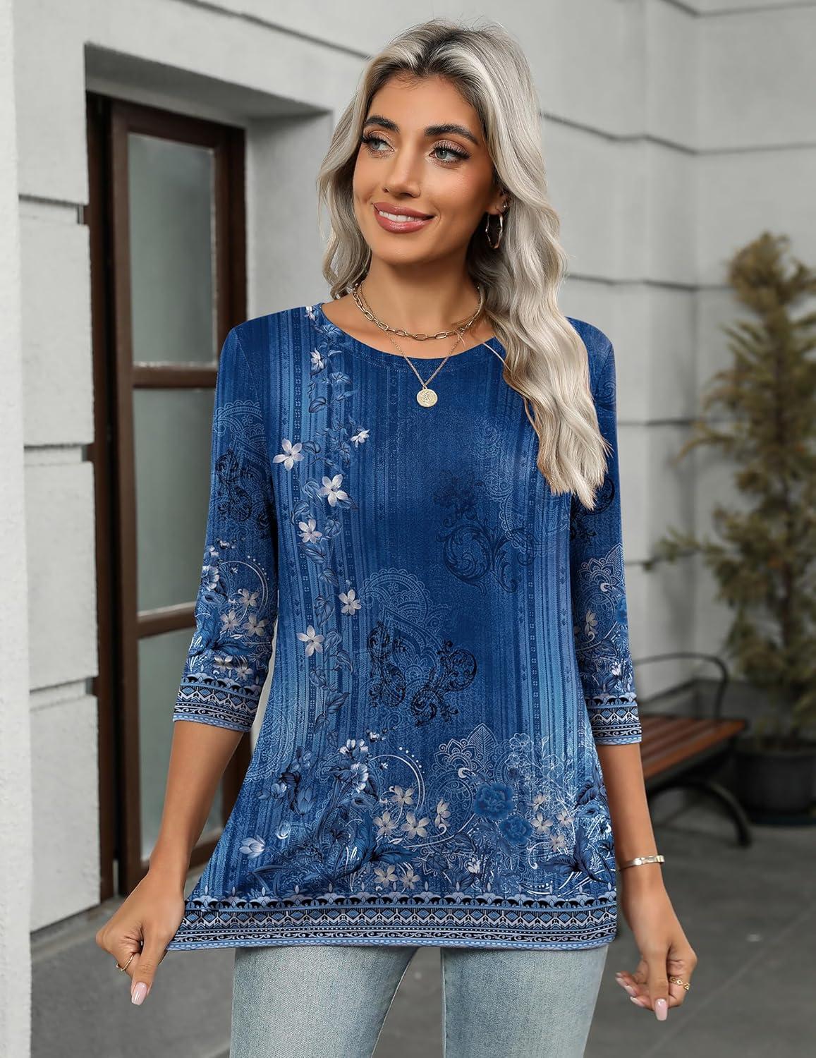 imageZeagoo Tops for Women 3 Pack 34 Sleeve Crewneck Cute Basics Tees Casual Fashion Spring Summer T Shirts Business Work Tee TopBlackwhiteblue Flowermz712