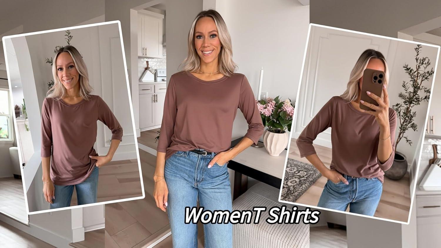 imageZeagoo Tops for Women 3 Pack 34 Sleeve Crewneck Cute Basics Tees Casual Fashion Spring Summer T Shirts Business Work Tee TopBlackwhitecoffee