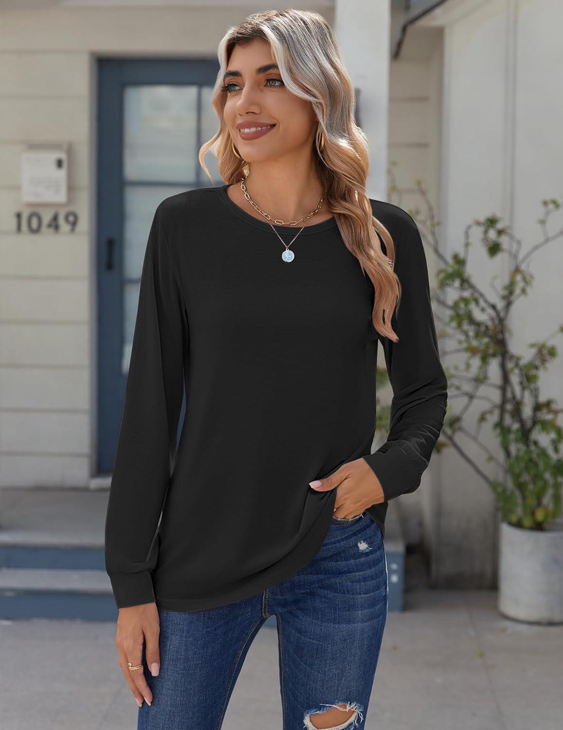 imageZeagoo Tops for Women Dressy Crewneck Long Sleeve Shirts Lightweight Basic Tee Business Casual OutfitsBlack