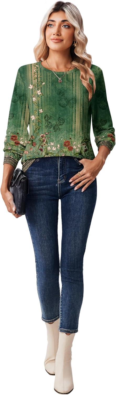 imageZeagoo Tops for Women Dressy Crewneck Long Sleeve Shirts Lightweight Basic Tee Business Casual OutfitsBoho Green 839