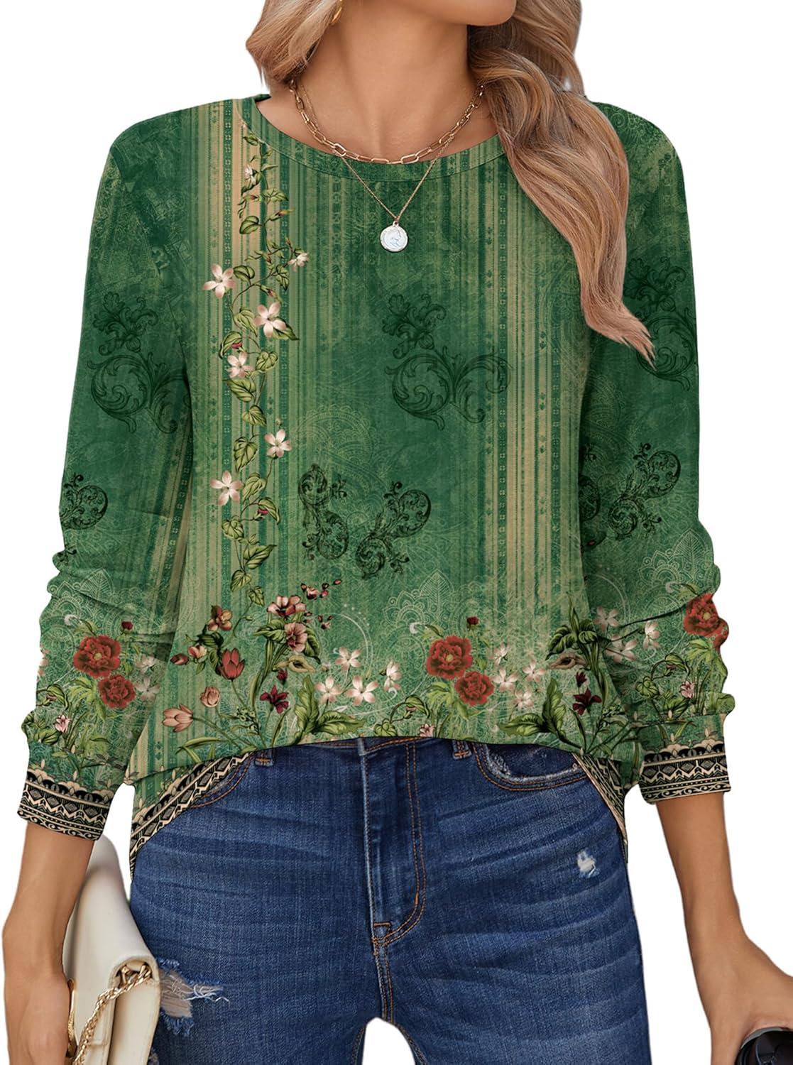 imageZeagoo Tops for Women Dressy Crewneck Long Sleeve Shirts Lightweight Basic Tee Business Casual OutfitsBoho Green 839