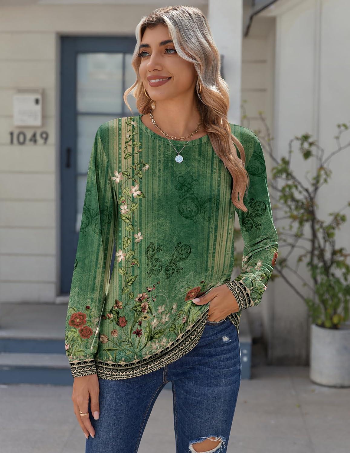 imageZeagoo Tops for Women Dressy Crewneck Long Sleeve Shirts Lightweight Basic Tee Business Casual OutfitsBoho Green 839