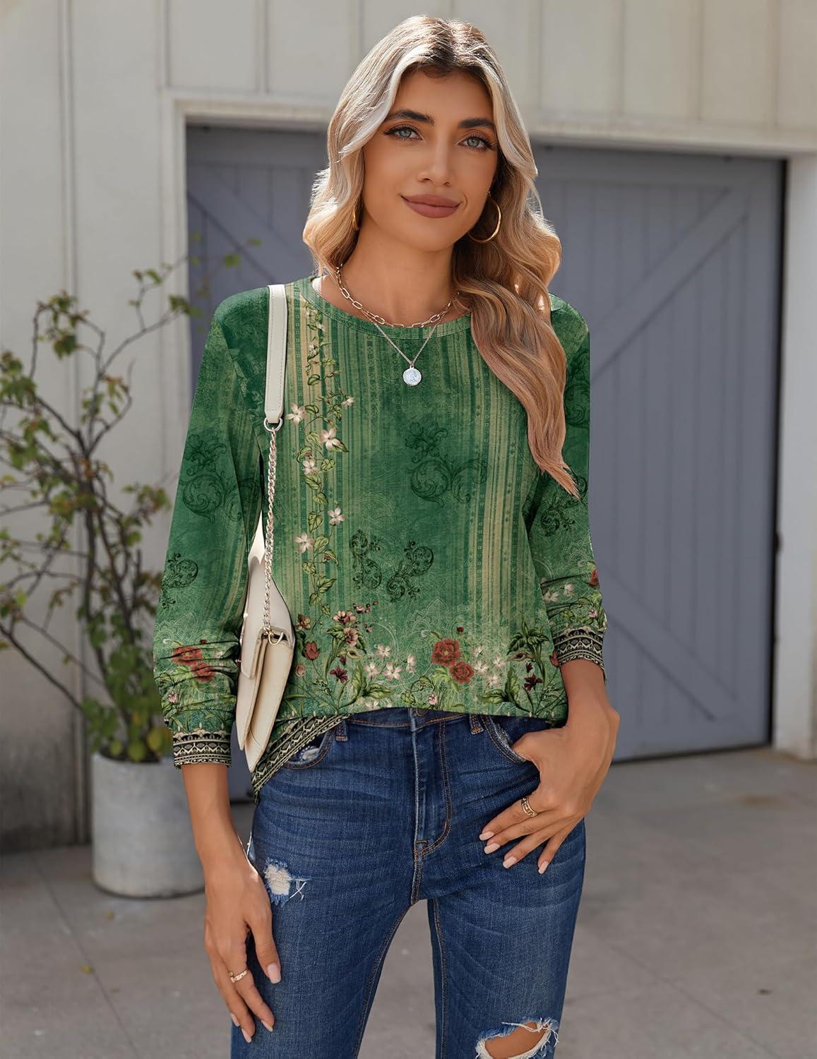 imageZeagoo Tops for Women Dressy Crewneck Long Sleeve Shirts Lightweight Basic Tee Business Casual OutfitsBoho Green 839