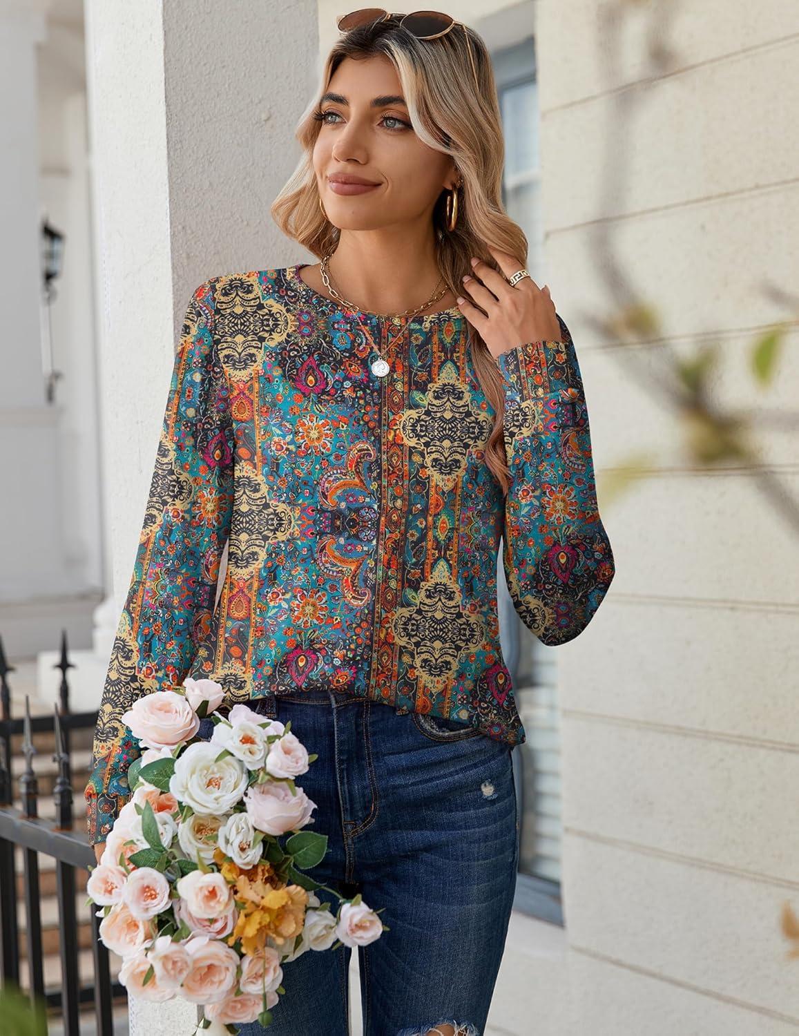 imageZeagoo Tops for Women Dressy Crewneck Long Sleeve Shirts Lightweight Basic Tee Business Casual OutfitsBoho Multicolor 721