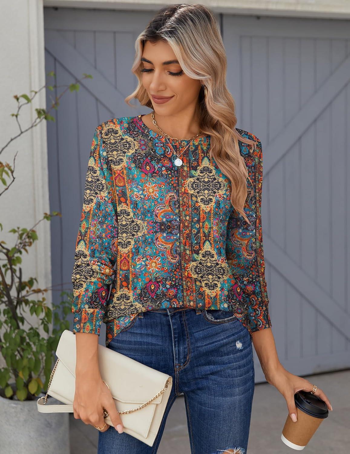 imageZeagoo Tops for Women Dressy Crewneck Long Sleeve Shirts Lightweight Basic Tee Business Casual OutfitsBoho Multicolor 721