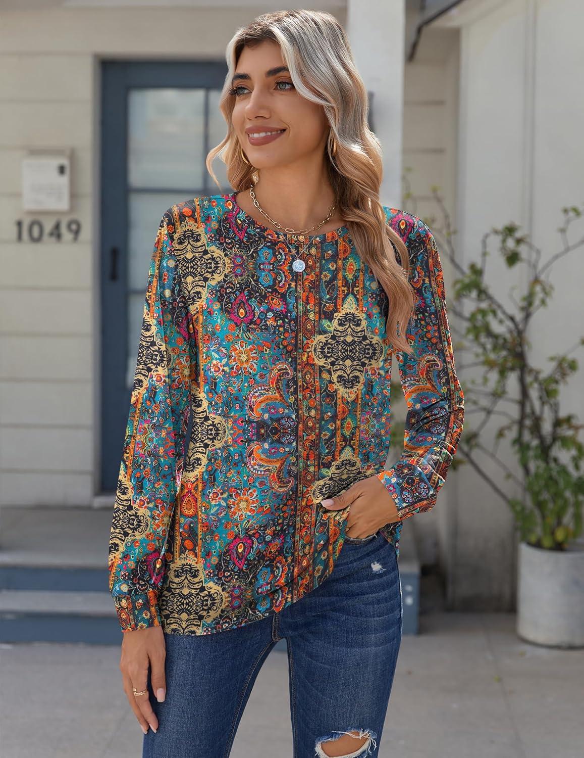 imageZeagoo Tops for Women Dressy Crewneck Long Sleeve Shirts Lightweight Basic Tee Business Casual OutfitsBoho Multicolor 721