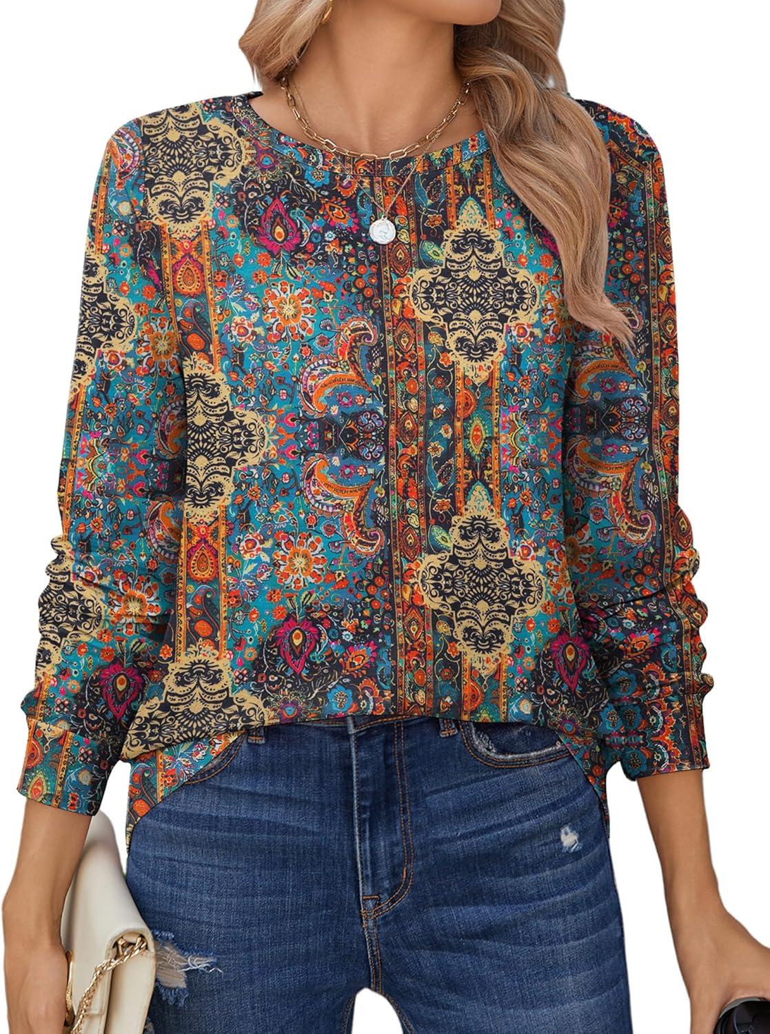 imageZeagoo Tops for Women Dressy Crewneck Long Sleeve Shirts Lightweight Basic Tee Business Casual OutfitsBoho Multicolor 721