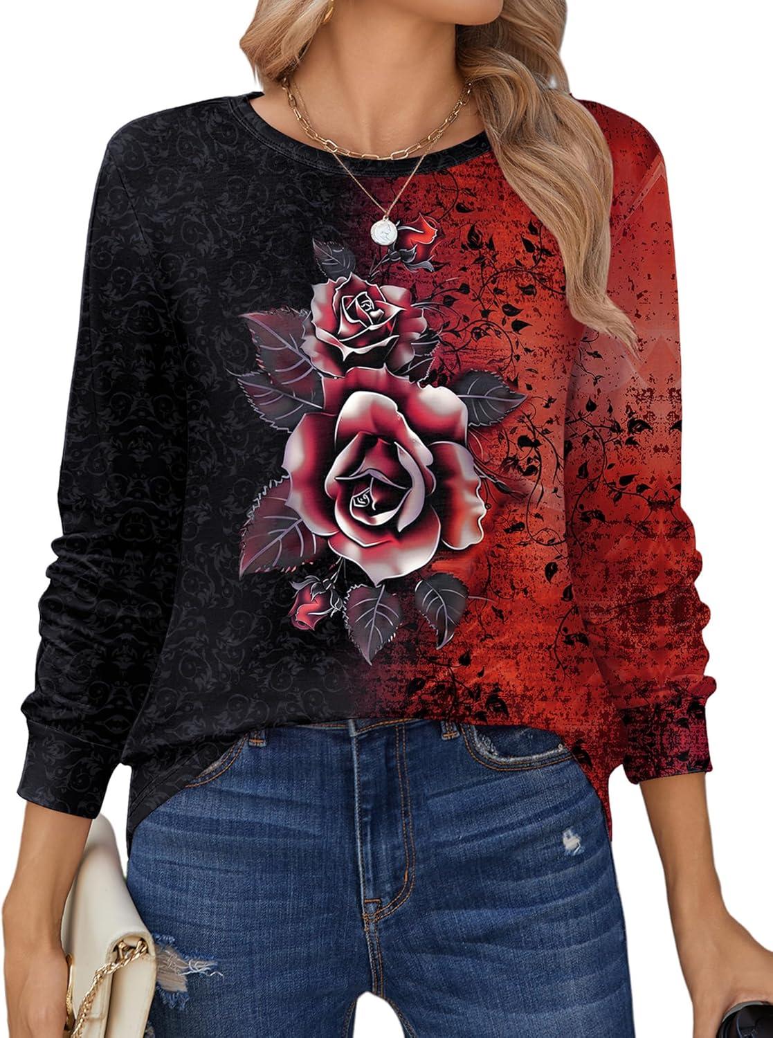 imageZeagoo Tops for Women Dressy Crewneck Long Sleeve Shirts Lightweight Basic Tee Business Casual OutfitsFloral Red 309