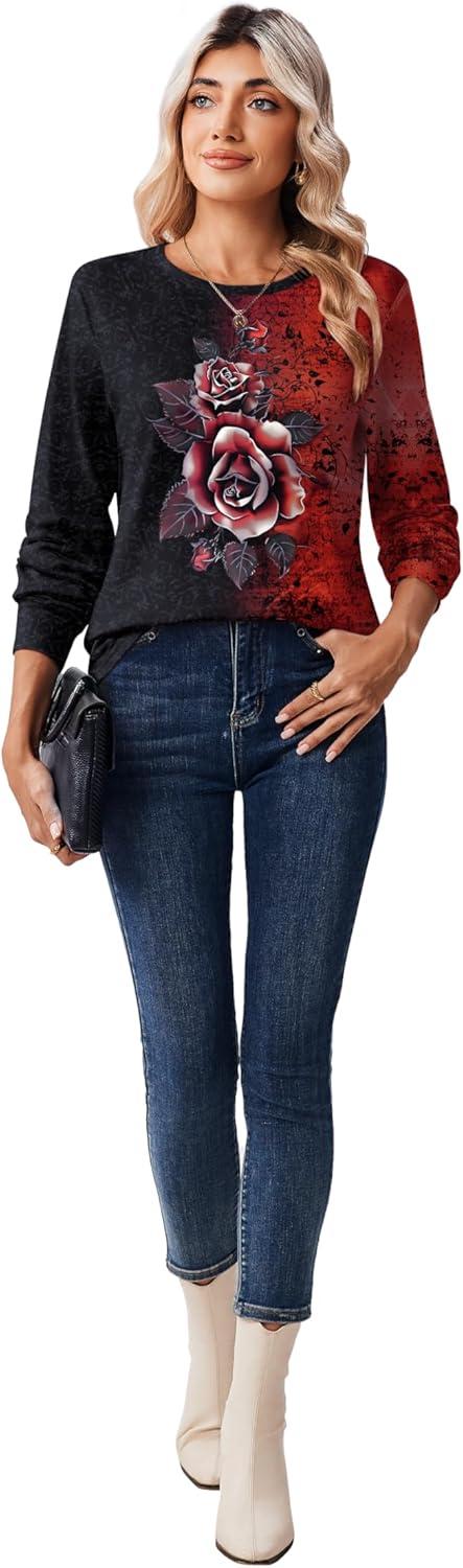 imageZeagoo Tops for Women Dressy Crewneck Long Sleeve Shirts Lightweight Basic Tee Business Casual OutfitsFloral Red 309