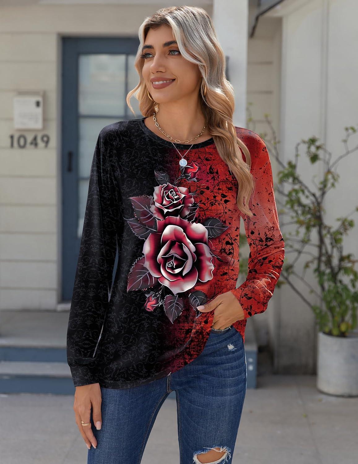 imageZeagoo Tops for Women Dressy Crewneck Long Sleeve Shirts Lightweight Basic Tee Business Casual OutfitsFloral Red 309