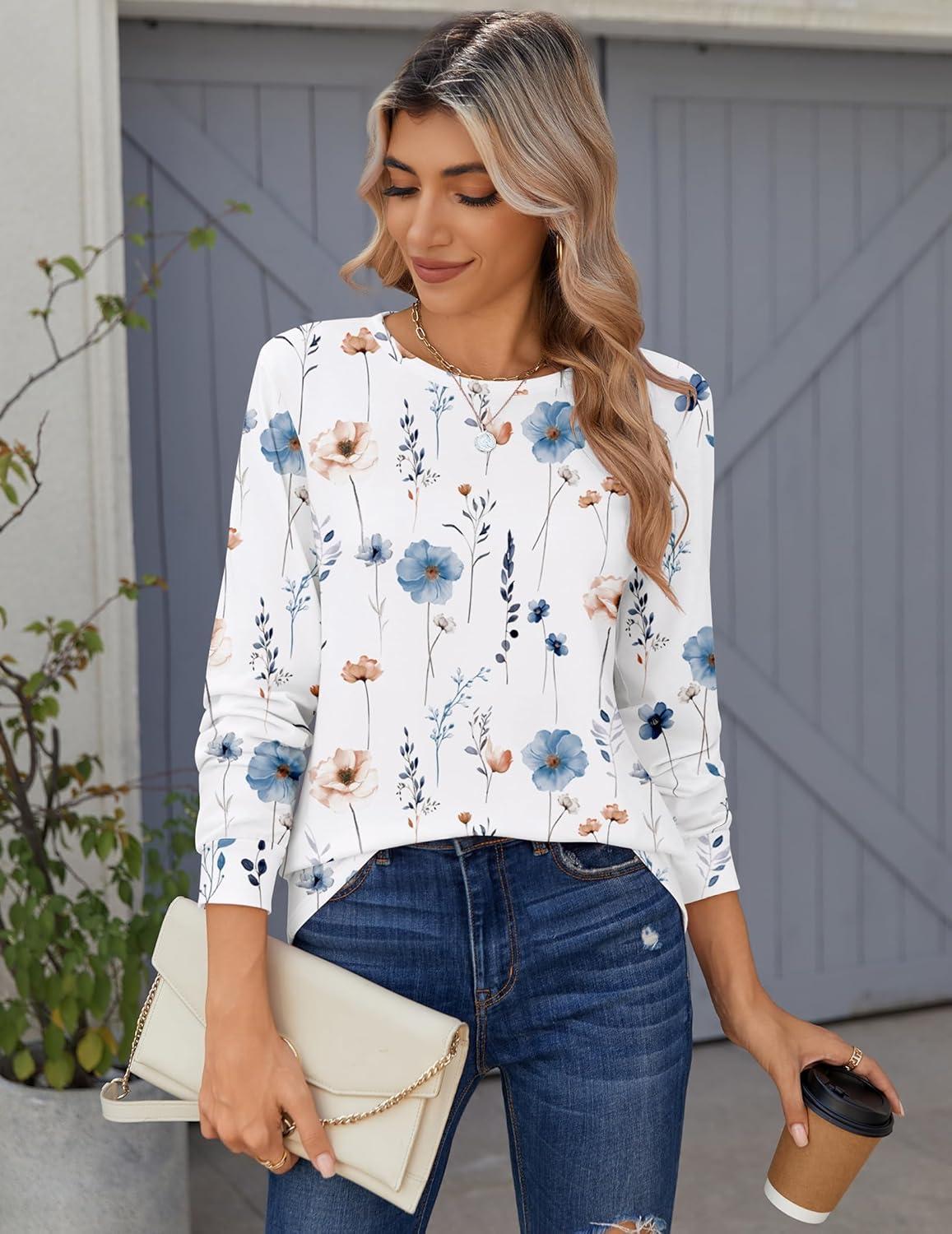 imageZeagoo Tops for Women Dressy Crewneck Long Sleeve Shirts Lightweight Basic Tee Business Casual OutfitsFloral White 112