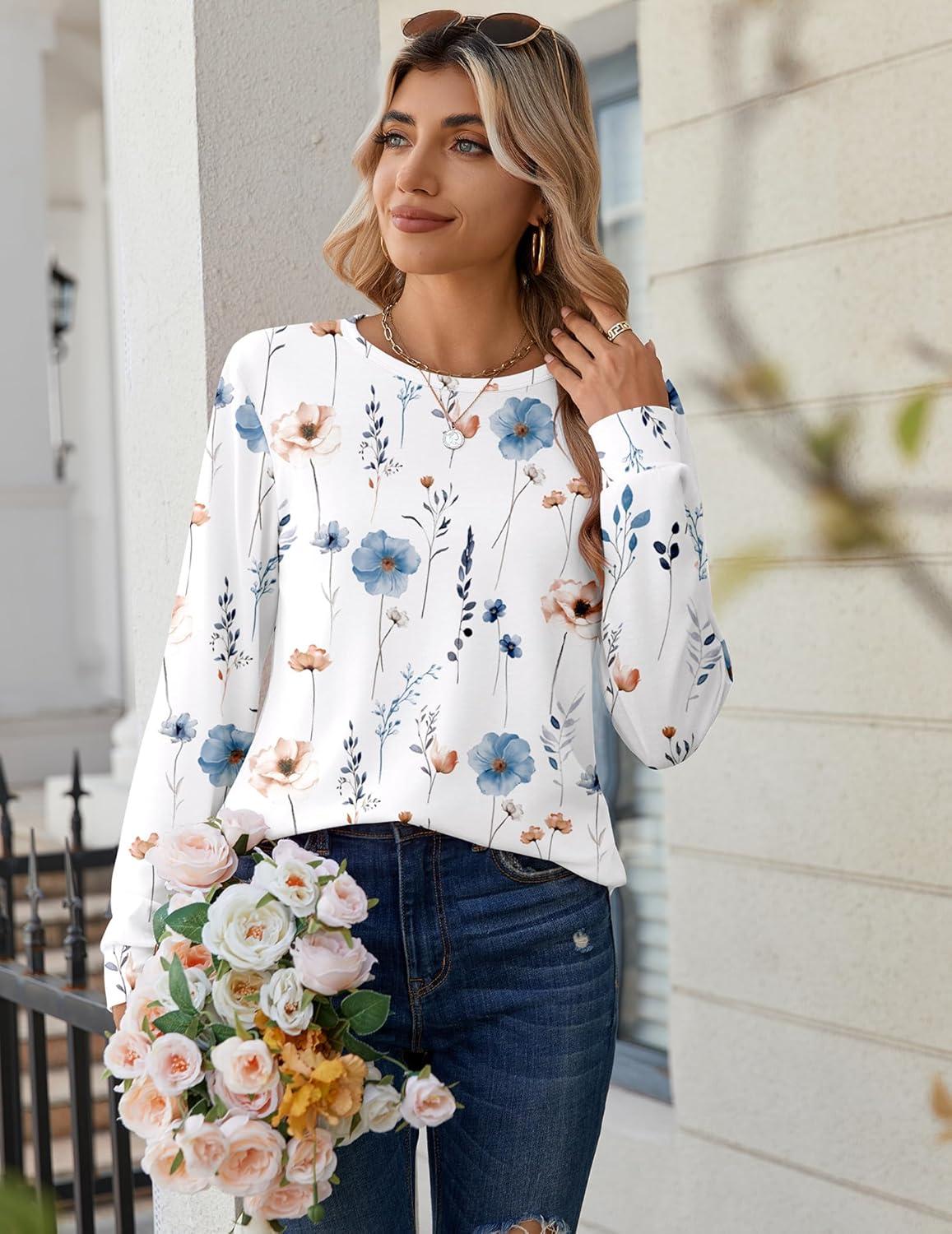 imageZeagoo Tops for Women Dressy Crewneck Long Sleeve Shirts Lightweight Basic Tee Business Casual OutfitsFloral White 112