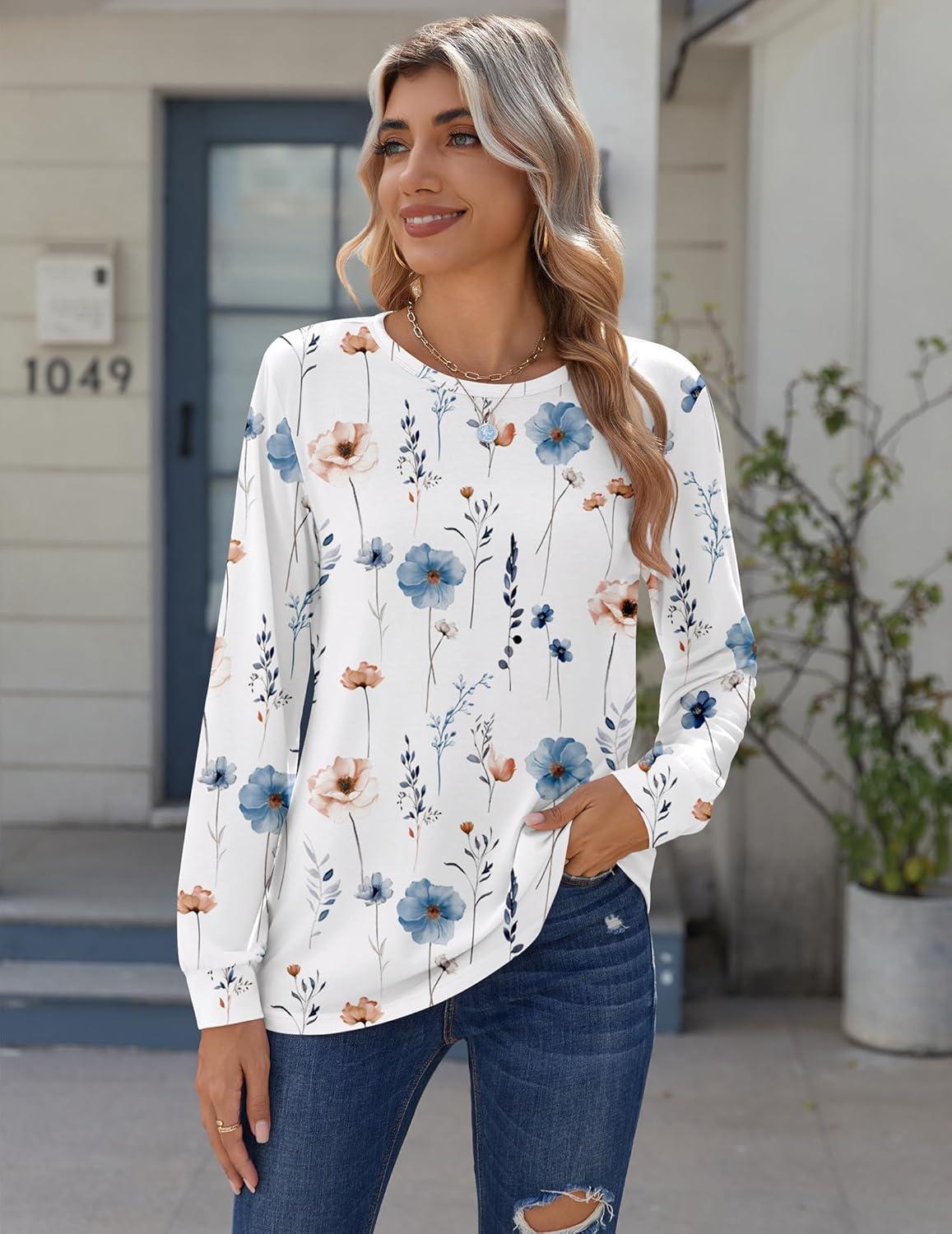 imageZeagoo Tops for Women Dressy Crewneck Long Sleeve Shirts Lightweight Basic Tee Business Casual OutfitsFloral White 112
