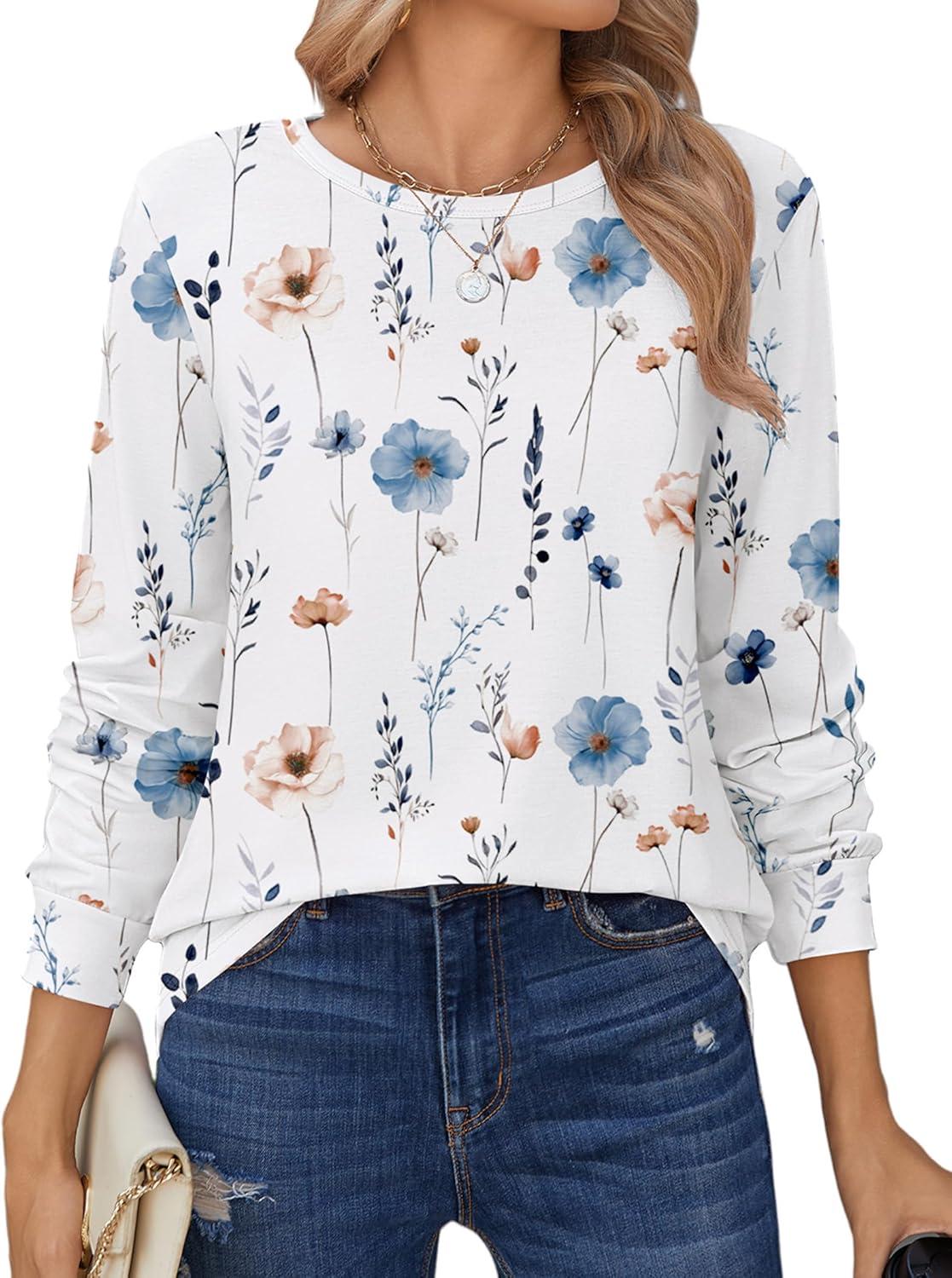 imageZeagoo Tops for Women Dressy Crewneck Long Sleeve Shirts Lightweight Basic Tee Business Casual OutfitsFloral White 112