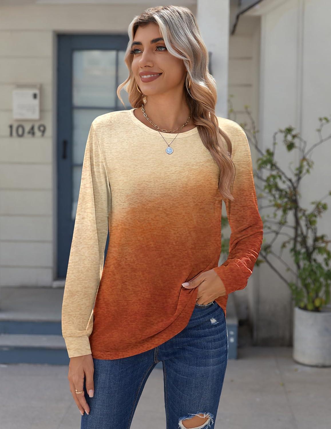imageZeagoo Tops for Women Dressy Crewneck Long Sleeve Shirts Lightweight Basic Tee Business Casual OutfitsGradient Orange 205