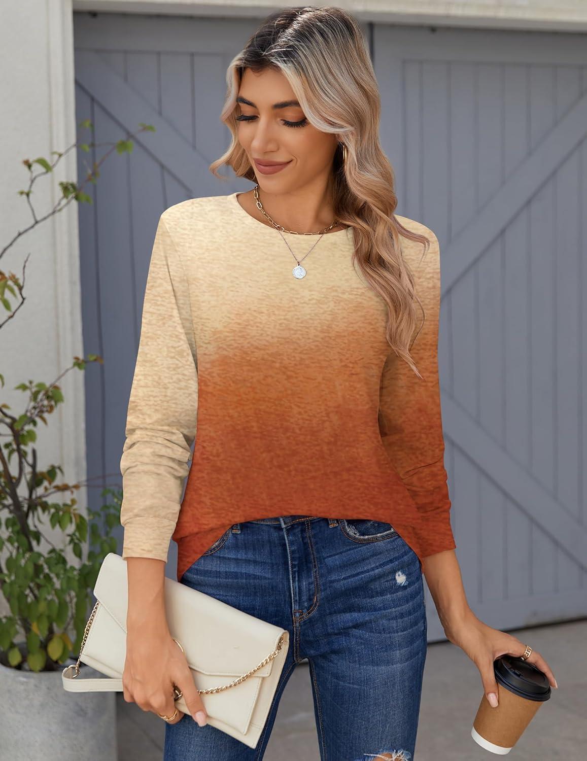 imageZeagoo Tops for Women Dressy Crewneck Long Sleeve Shirts Lightweight Basic Tee Business Casual OutfitsGradient Orange 205
