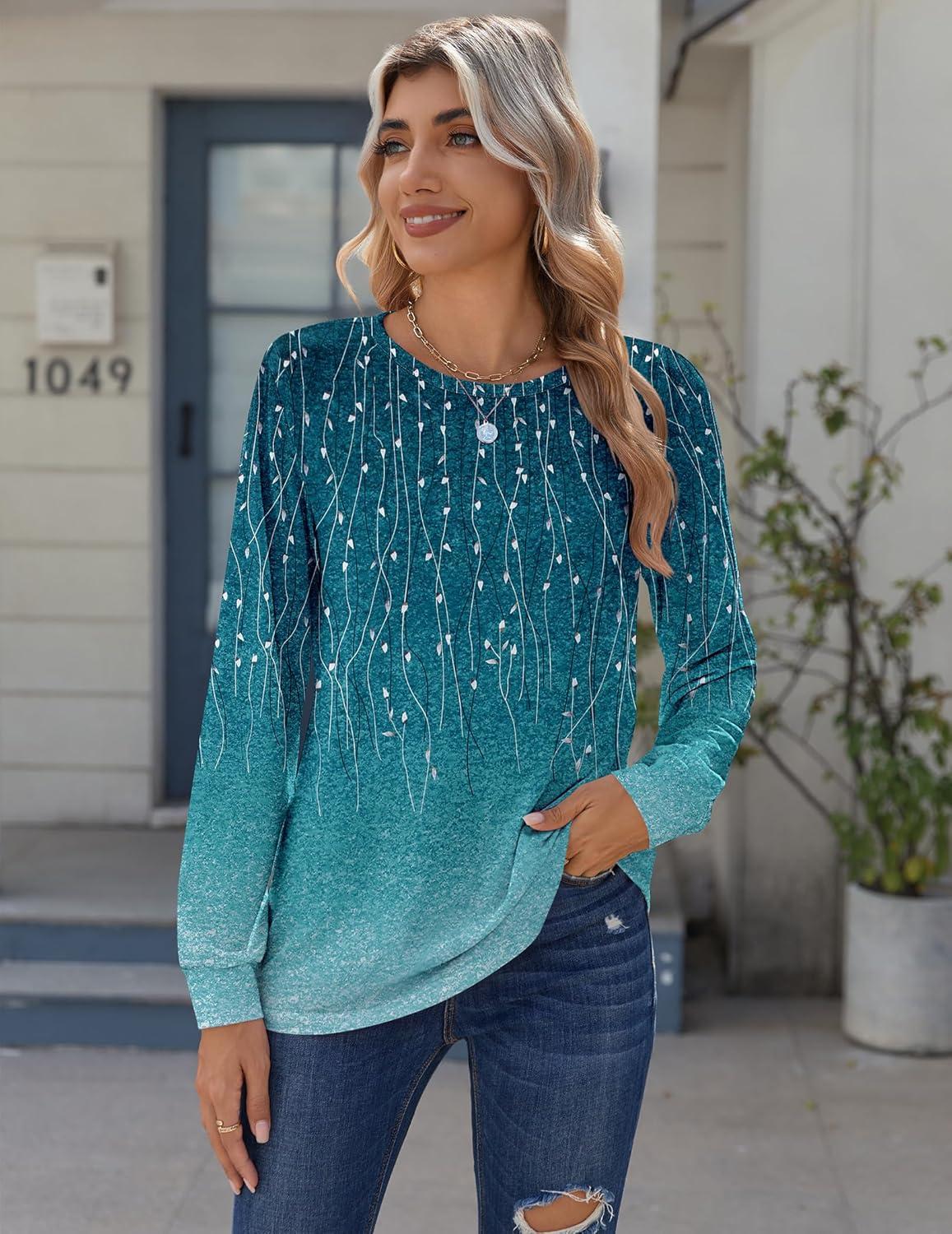 imageZeagoo Tops for Women Dressy Crewneck Long Sleeve Shirts Lightweight Basic Tee Business Casual OutfitsLeaf Green 363